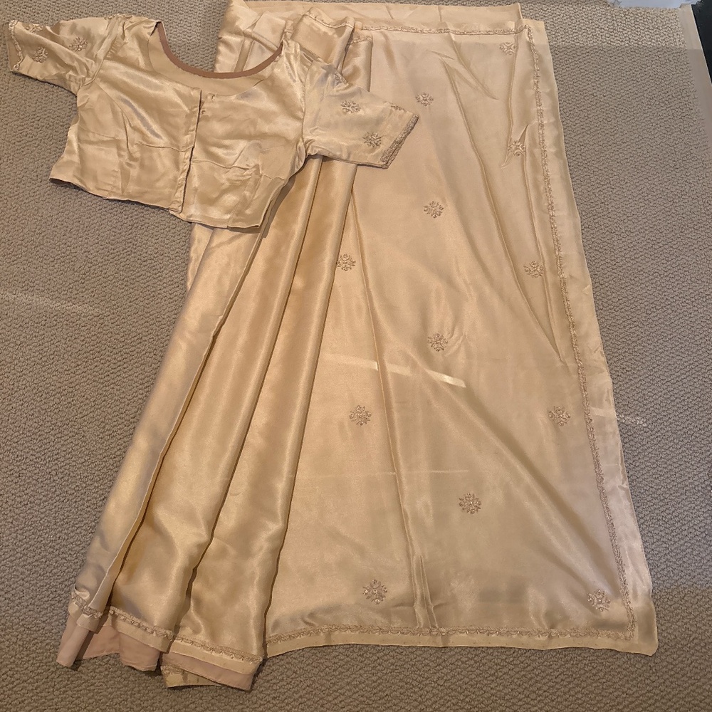 Cream/Golden Beige Satin Embroidered Saree